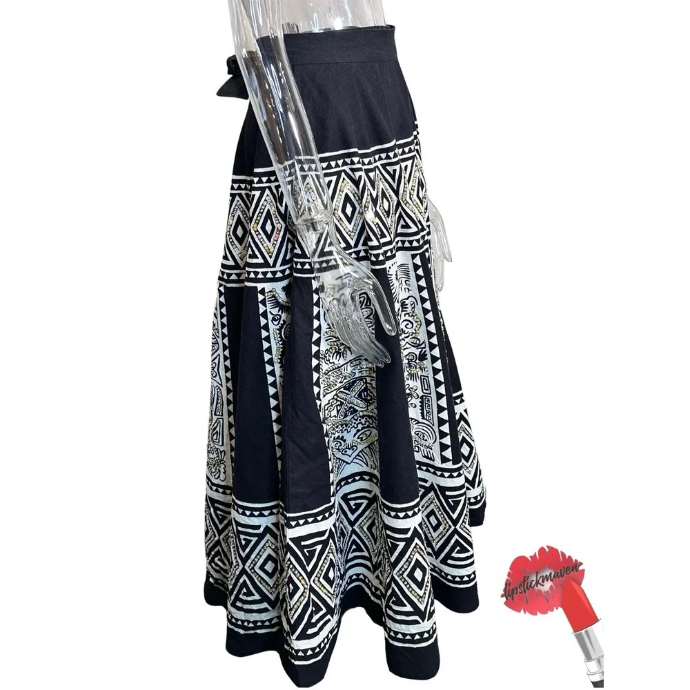 Vintage Cache Circle‎ Skirt Women One Size Black White Sequins Flare Midi Tie On